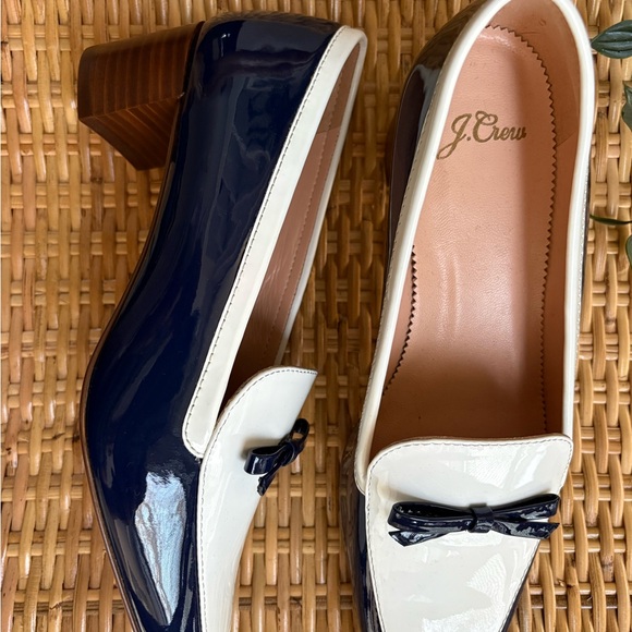 J. Crew Navy and White Patent Leather Loafers with Bow - Picture 2 of 6